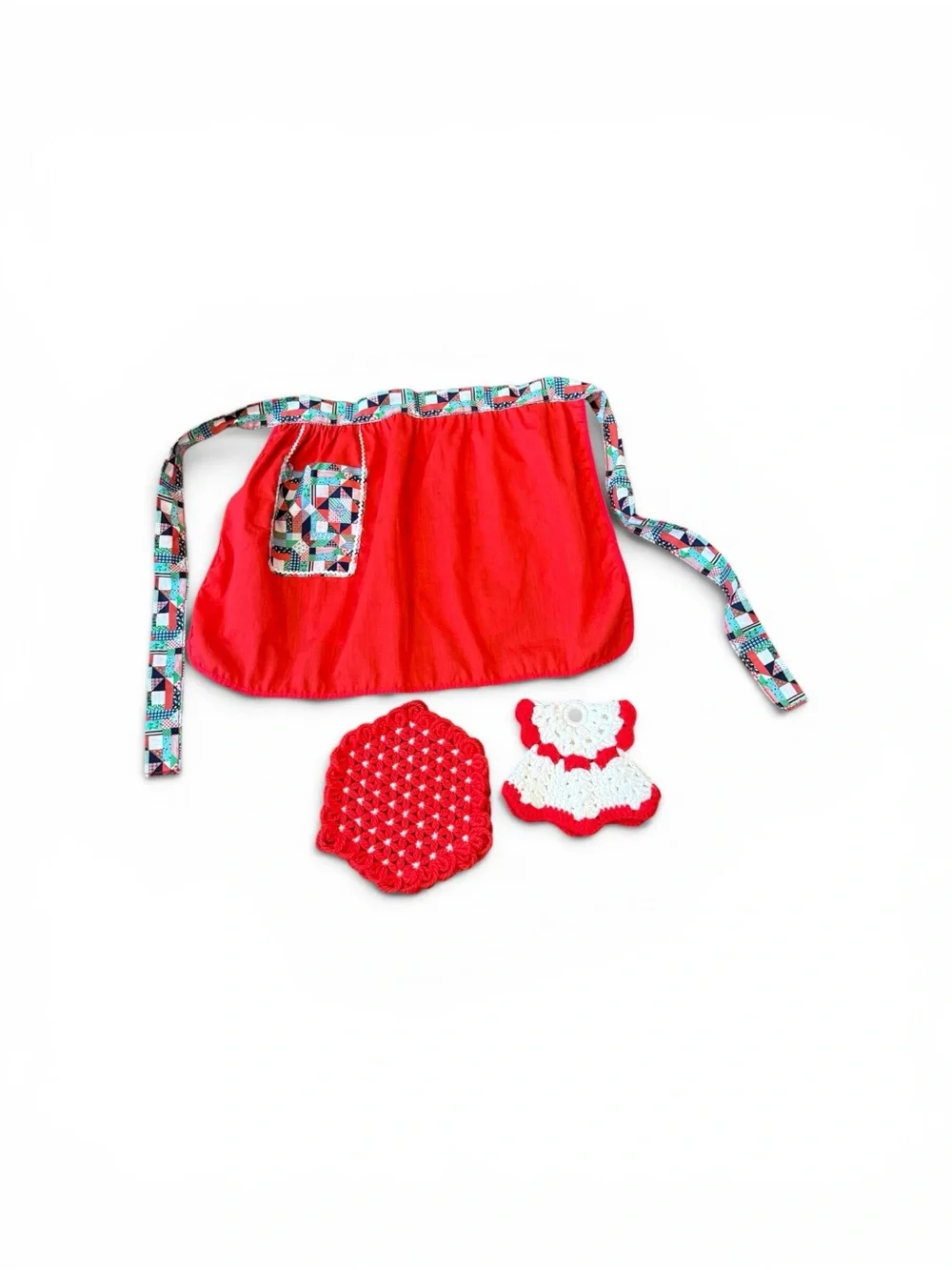 Vintage Patchwork Reversible Multi-Color Retro Apron with Crochet Potholders